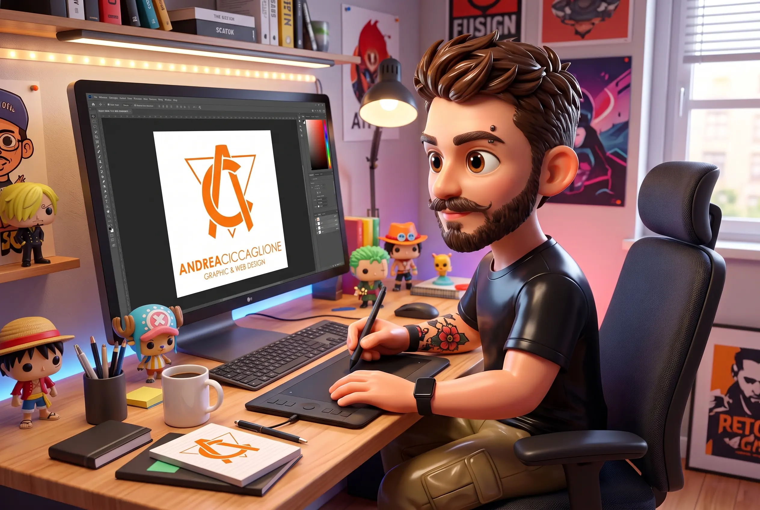 Illustrazione di Andrea Ciccaglione al lavoro al computer e alla tavoletta grafica nel suo studio di graphic e web design